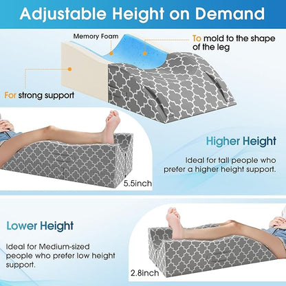 CloudBliss Leg Pillow, Leg Elevation Pillow for After Surgery, Adjustable Memory Foam with Ice Sick Cover, Wedge Pillow for Blood Circulation, Knee Pillows for Back Knee Grey