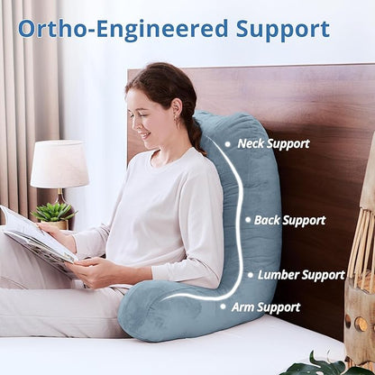 Sasttie 25-inch Reading Pillows for Sitting in Bed Adult, Jumbo Velvet Back Pillow Bed Sitting Up, XL High Back-Rest Support Cushion for Sit Up on Couch & Floor, Oeko-Tex Certified, Greyish Blue