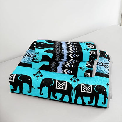 Blue Elephant Full Quilted Bedding Sets,Boho Style Bedding Summer Quilt for Adults Kids,Soft Lightweight Exquisite Quilted Sets with 2 Pillowcases.