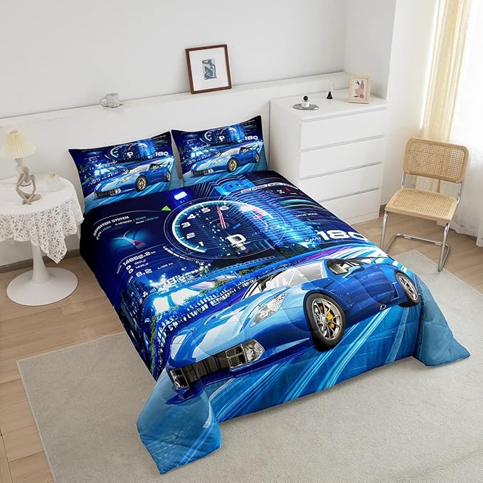 Feelyou Boys Race Car Down Duvet Cool Sports Car Comforter Set for Kids Boys Girls Extreme Sports Bedding Set Blue Automobile Car Comforter 1 Comforter Set with 2 Pillowcases King Size