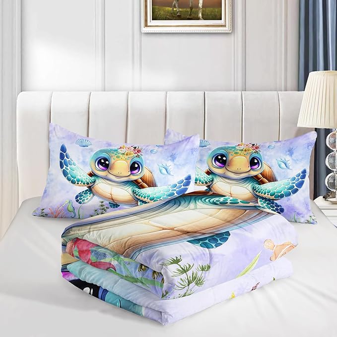 Turtle Bedding Set 3pcs Full Ocean Life Shell Comforter Set Kid Fish Crab Bedding Set for Boy Girl Watercolor Tortoise Seaweed Theme Pattern Quilt Bed Set with 1 Comforter and 2 Pillowcases
