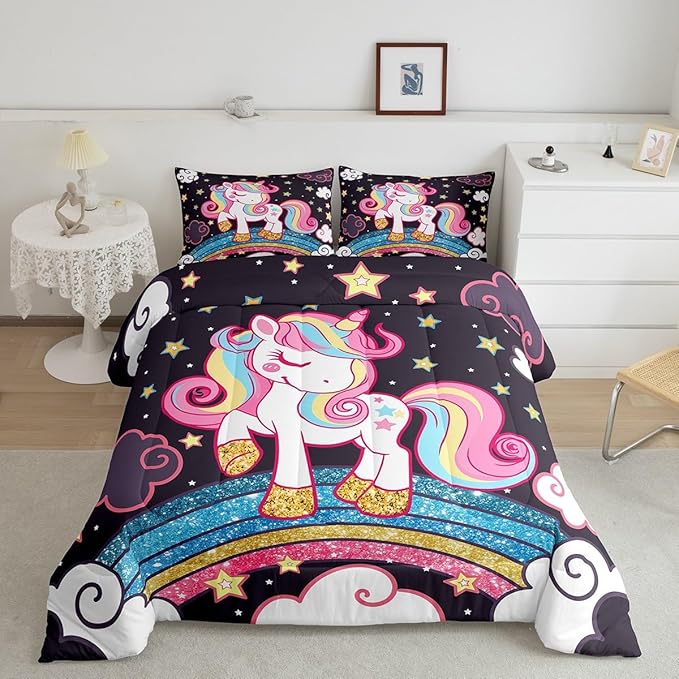 Feelyou Unicorn Bedding Toddler,Star Print Rainbow Kids Comforter Sets for Girls Comforter Set,Cute Animal Bedding Cute Unicorn Duvet Quilt,Fairy Bedroom Decor