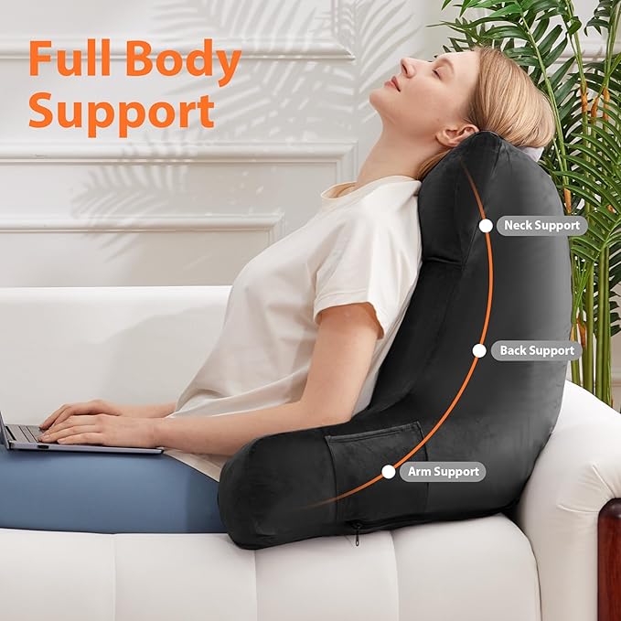 Reading Pillow with Arms for Adult, Back Pillow for Bed Sitting Up, Shredded Memory Foam Backrest Pillow with Pockets & Removable Washable Cover, Lounging, Watching TV, Reading(24inch Black)
