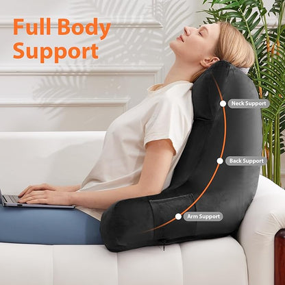 Reading Pillow with Arms for Adult, Back Pillow for Bed Sitting Up, Shredded Memory Foam Backrest Pillow with Pockets & Removable Washable Cover, Lounging, Watching TV, Reading(24inch Black)