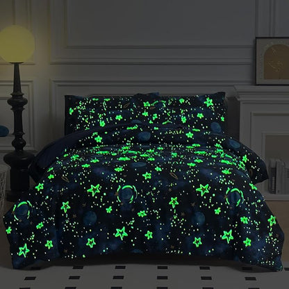 Glow in The Dark Kids Comforter Set， 3 Pieces Blue Space Bedding Set Twin Size for Boys Girls Teen, 1 Comforter, 1 Pillowcase, 1 Pillow Sham