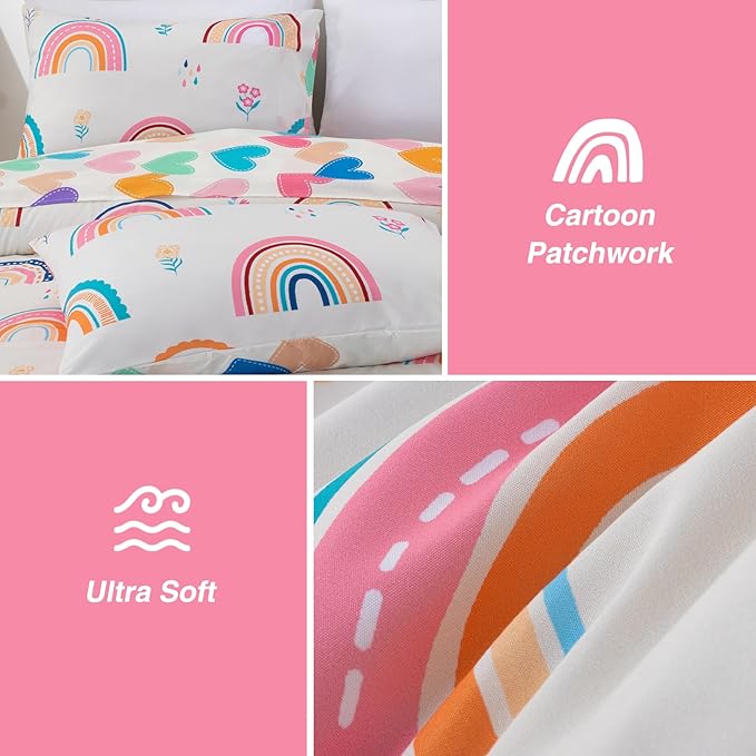 A Nice Night Rainbow Kids Comforter Set for Girls, Twin Size 6 Piece Bed in a Bag Soft Polyester Bedding Set with Floral, Grass & Rainbows Design