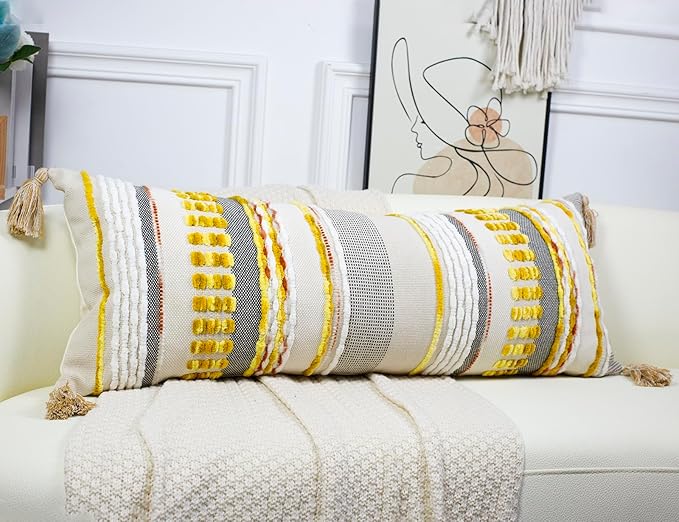 Chenille and Cotton Long Pillow for Bed, Striped Textured Boho Lumbar Throw Pillow Cover 12x36, Neutral Accent Decorative Extra Long Body Pillow Case for Couch, Sofa, Bedroom, Yellow