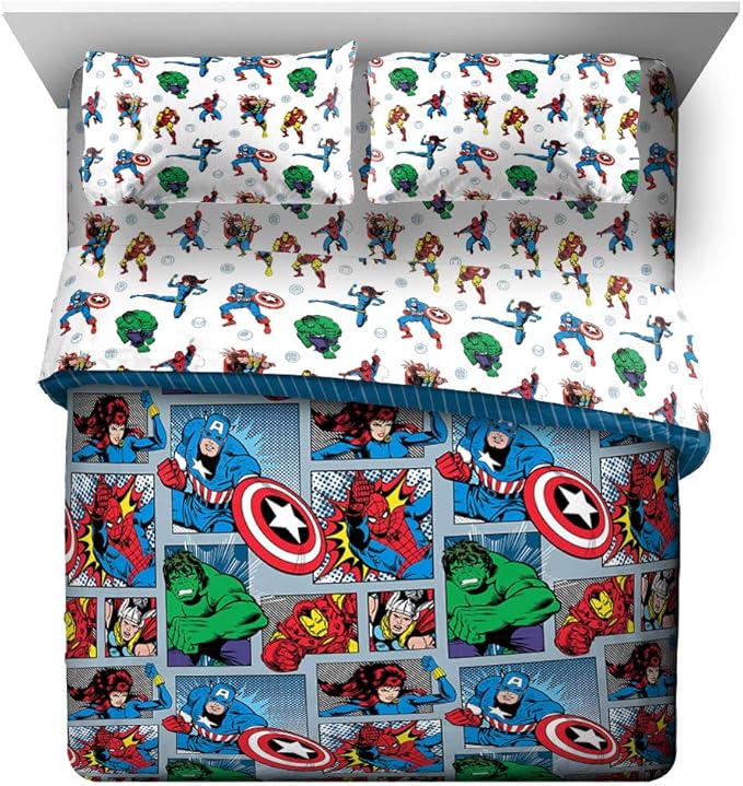 Jay Franco Marvel Avengers Fighting Team 5 Piece Queen Bed Set - Includes Reversible Comforter & Sheet Set Bedding - Super Soft Fade Resistant Microfiber (Official Marvel Product)
