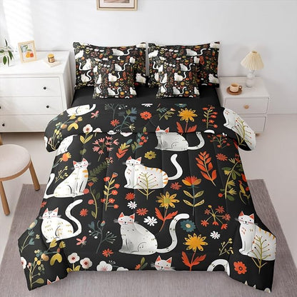 Feelyou Cute Cat 7 Piece Bedding Set Floral Flower Comforter Set with Sheets for Kids Boys Girls Nature Plants Bed in a Bag Black Colorful Bed Set Soft Lightweight