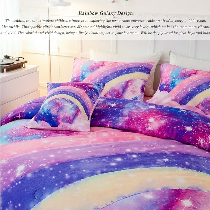 ANGIYUIN 6Pcs Pink Full Size Bed in A Bag for Girls 3D Tie Dye Comforter Sets Colorful Rainbow Kids Bedding Sets Ultra Soft Pastle Nebula Printed Bed in A Bag with Sheets