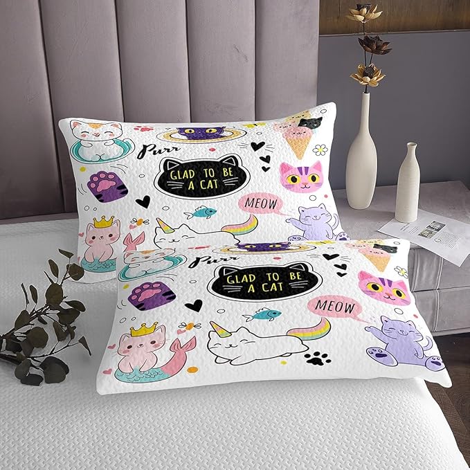 Erosebridal Mermaid Cat Bedding Set King Size, Cute Aimal Bedspread for Kids Cartoon Cat Quilt, Home Decoration 3 Pcs Coverlet Set with 2 Pillowcases
