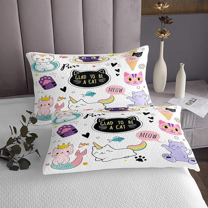 Erosebridal Mermaid Cat Comforter Set Twin Size, Cute Aimal Bedspread for Kids Cartoon Cat Quilt, Home Decoration 2 Pcs Coverlet Set with 1 Pillowcase