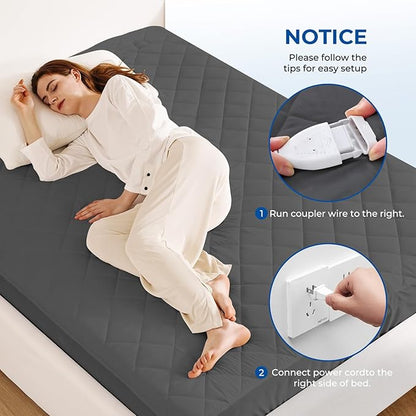 Heated Mattress Pad Queen Size Quilted Zone Heating Electric Bed Warmer Comfort Heat Mattress Pad Cover Dual Controller（10 Heat Setting | 1-12 Hours Auto Shut Off | with 8-21 Inch Deep Pocket） Gray