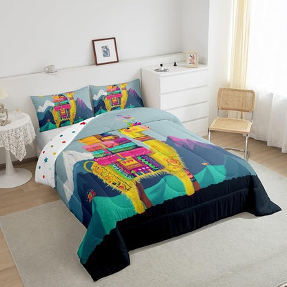 Cartoon Alpaca Comforter Set King Size for Kids Adventure Travel Theme Bedding Sets All Season Bohemia Exotic Animal Quilt Set Bedroom Decor Mountain Landscape Down Comforter,3Pcs