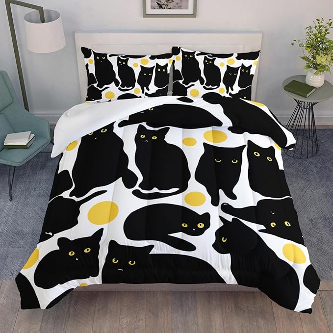 Kids Bedding 3Pcs Cartoon Black Cat Bedding Set Twin Yellow Polka Dots Pattern Comforter Set for Teens Kids Boys Girls Adults Cute Cat Quilt Bed Decor Set with 1 Comforter and 2 Pillowcases