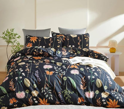 Floral Duvet Cover Set Queen, 3 Pcs Soft Microfiber Black Duvet Cover with Pink Floral Colorful Botanical Yellow Butterfly 3D Printed Comforter Cover with Zipper Ties (No Comforter)
