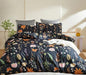 Floral Duvet Cover Set Queen, 3 Pcs Soft Microfiber Black Duvet Cover with Pink Floral Colorful Botanical Yellow Butterfly 3D Printed Comforter Cover with Zipper Ties (No Comforter)