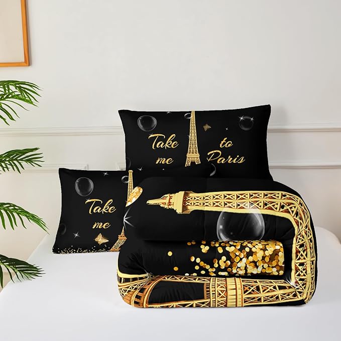 Black Gold Paris Eiffel Tower Comforter Set,Romantic Paris Queen Comforter Set for Women Couple,Girls Butterfly Eiffel Tower Print Bedding Set,Modern French Paris Quilt Set