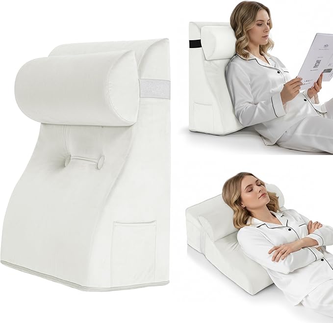 Daneey Reading Pillows for Sitting in Bed Adult Back Pillow for Sitting Up, Back Support Pillow for Bed, Foam Wedge Pillow for Neck, Lumbar, Back, White, 20 * 9 * 22IN, Velvet