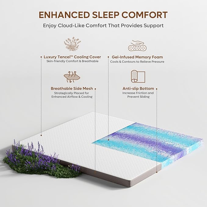 Bestier Gel Memory Foam Mattress Topper - Tencel Ice Silk Mattress Topper - Plush Feel - Mattress Pad with Naturally Cooling and Pressure Relief - Twin Size, 3 Inch