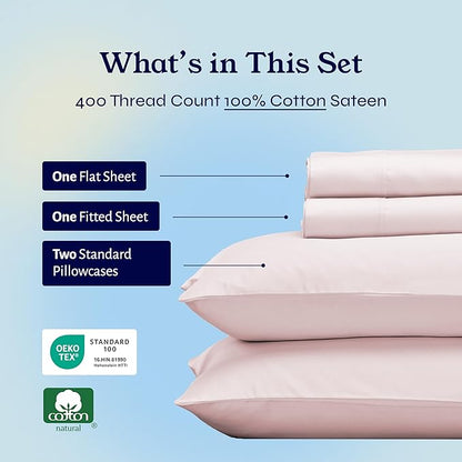 California Design Den Full Size Bed Sheets Set - Soft 400 Thread Count Sateen, Natural 100% Cotton Sheets with Deep Pockets, Breathable, and Durable Bedding Set - Pink