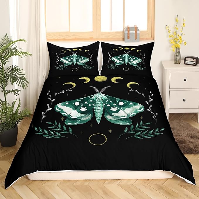 Castle Fairy Moth Duvet Cover Set Twin,Leaves and Sun Moon Bedding Set 2 Pcs for Kids Teens Boys Girls Room Decor,Gothic Animals Plants Themed Comforter Cover Soft Black Quilt Cover with 1 Pillowcase