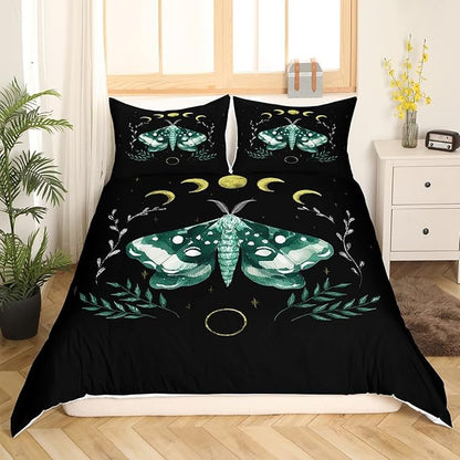 Castle Fairy Moth Duvet Cover Set Twin,Leaves and Sun Moon Bedding Set 2 Pcs for Kids Teens Boys Girls Room Decor,Gothic Animals Plants Themed Comforter Cover Soft Black Quilt Cover with 1 Pillowcase