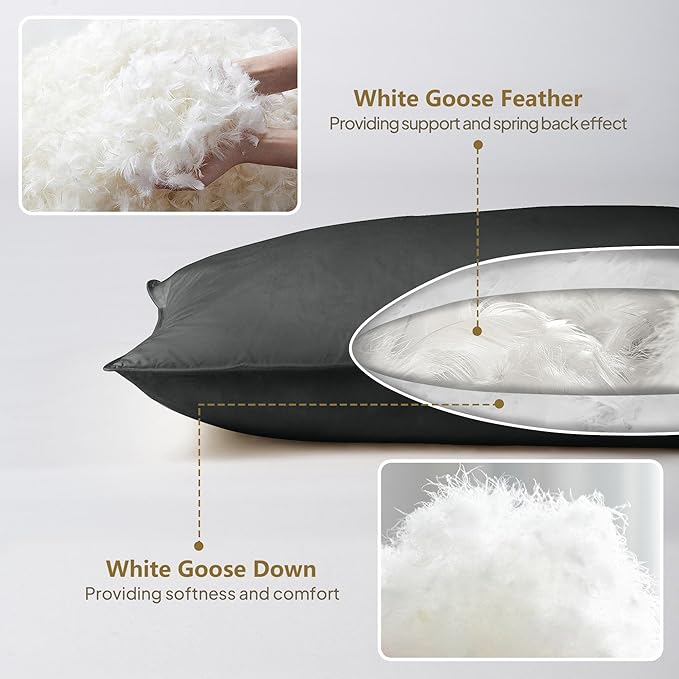 Goose Down Body Pillows for Adults, Large Body Pillow for Side Sleeper, Hugging Feather Body Pillow Insert, Cooling Full Length Long Pillow for Bed with 100% Organic Cotton Shell, (Black 20"x60")