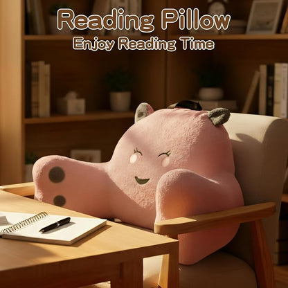 Reading Pillow for Sitting in Bed Couch Teens/Adult, Back Rest Pillow for Sitting Up in Bed with Shredded Memory Foam, Includes Arms and Washable Cover (Pink)