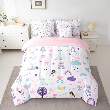 Erosebridal Full Comforter Set for Kids,7 Pieces Floral Ferret Bedding Sets Full Bed in a Bag,Reversible Cartoon Zoo Animal Bed Set,Cute Flower Comforter, Sheets, Pillowcases and Cushion Cases