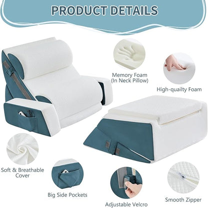 9PCS Wedge Pillow Set for After Surgery Recovery, Adjustable Memory Foam Neck Pillow, Foam Leg Pillow, Relieves Neck, Leg Pain, Sleep Apnea, and Functions as a Reading Pillow Blue