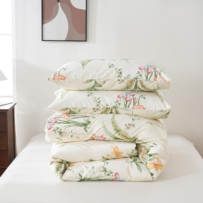 Duvet Cover Queen Size 100% Cotton Reversible Green Leaves Duvet Cover Set with Zipper Closure, 3 Pieces Vintage Flower Floral Bedding Comforter Cover, Ultra Soft & Breathable