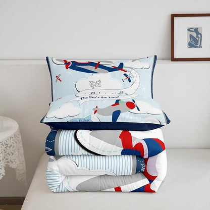 Erosebridal Helicopter Comforter Baby Nursery Toddler Bedding Set for Boys Airplane King Bed Comforter Set, Cartoon Aircraft Blue Plane Sketch Lines Duvet Set with 2 Pillowcases