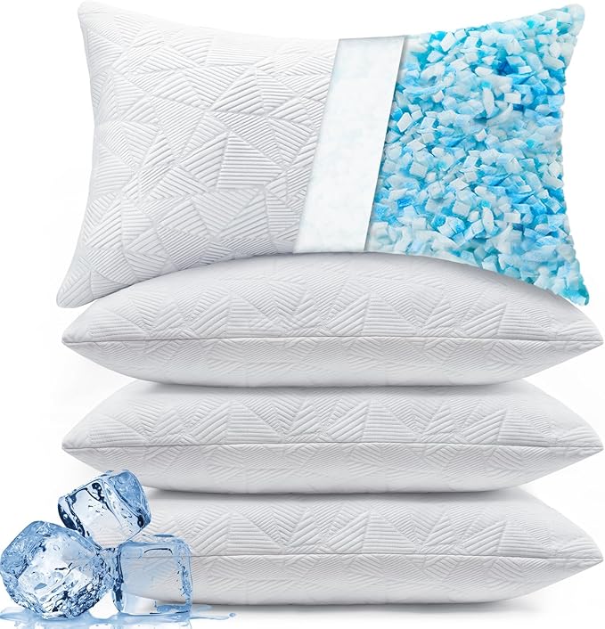 BETU Cooling King Size Pillows Set of 4, Shredded Memory Foam Bed Pillows for Sleeping, Adjustable Firm Cool Pillow for Neck Pain and Side Sleeper, White