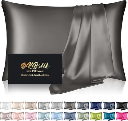 Silk Pillowcase for Hair and Skin, Mulberry Silk Pillow Cases Standard Size, Anti Acne Cooling Sleep Both Sides Natural Silk Satin Pillow Covers with Hidden Zipper, Gifts for Women Men, Dark Gray