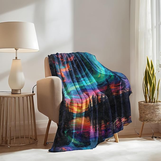 Aurora Borealis Sunset Landscape Blanket Gifts for Boys Girls Kids, Northern Lights Warm Soft Flannel Throw Blankets for Travel, Sofa, Living Room, Bedroom Decor, 60x80 in