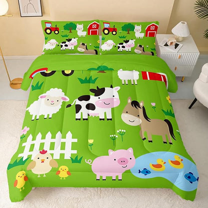 QOOMO Farm Animal Comforter,Pig Cow Sheep Comforter Set for Kids Teens Girls Boys,3Pcs Bedding Set Printed Comforter with 2 Pillowcases,Down Alternative,Soft and Lightweight，Queen Size