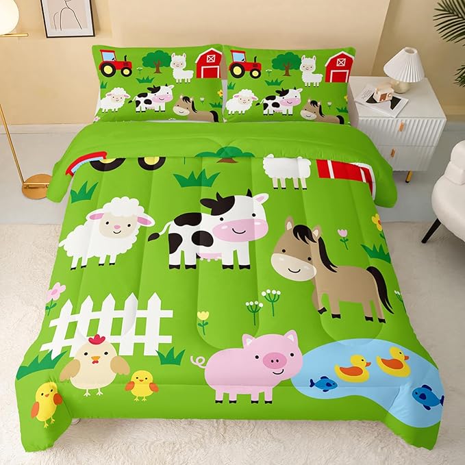 QOOMO Farm Animal Comforter,Pig Cow Sheep Comforter Set for Kids Teens Girls Boys,3Pcs Bedding Set Printed Comforter with 2 Pillowcases,Down Alternative,Soft and Lightweight，Twin Size