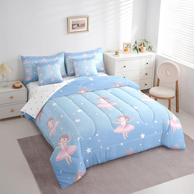 Feelyou Ballet Girls 7 Piece Bedding Set Queen Size Cute Ballet Girls Comforter Set with Sheets for Kids Girls Teens Toddler Dancing Girl Bed in a Bag Star Pattern Bed Set, Blue Pink