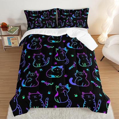 3D Neon Cat Kids Comforter Set,Gradient Line Cat Toddler Comforters Full Size for Teens Kids Boys Girls Room Decoration,Black Kawaii Bedding Sets with 2 Pillowcases.