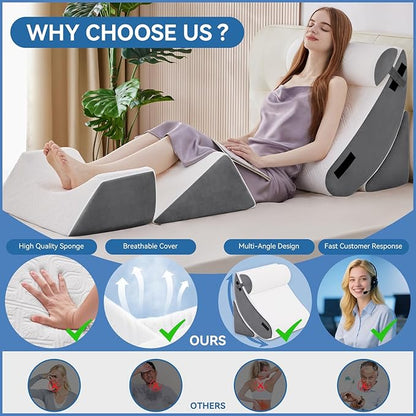 Newgoo Wedge Pillow Set for After Surgery, 5PCS XL Bed Wedge Pillow for Sleeping, Memory Foam Orthopedic Back Pillow for Pain Relief and Acid Reflux, Adjustable Post Surgery Pillow Grey