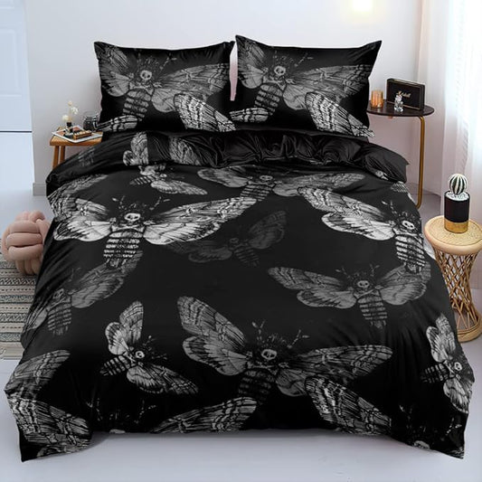 Death Skull Duvet Cover Set Twin Size Gothic Bedding Set Skull Moth Comforter Cover Teens Skeleton Bones Black Bed Set