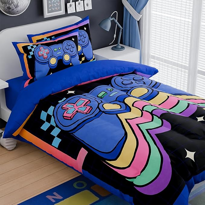 SANDJEST Gamer Comforter Sets for Boys, Ultra Soft Microfiber Comforter Set with 3-Pieces, Video Game Bedding Sets for Kids Children Boy Bedroom Decor