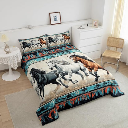 Feelyou Horse Bedding Set Twin Size Kids Bohemian Southwestern Native Aztec Comforter Cover for Boys Girls Teens Teal Beige Duvet Cover Breathable Soft Lightweight Microfiber Quilt Set