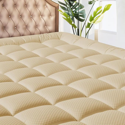 MATBEBY California King Quilted Fitted Mattress Pad - Breathable, Fluffy, Cooling, Deep Pocket, Machine Washable, Beige