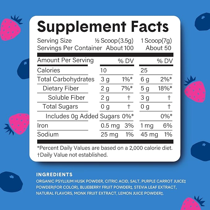 Bellway Super Fiber Powder + Fruit, Sugar Free Organic Psyllium Husk Powder Fiber Supplement for Regularity, Bloating Relief & Digestive Health, Plant-Based, Wild Berry (50 Servings)