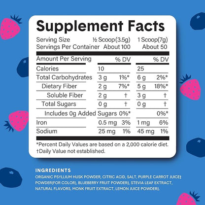 Bellway Super Fiber Powder + Fruit, Sugar Free Organic Psyllium Husk Powder Fiber Supplement for Regularity, Bloating Relief & Digestive Health, Plant-Based, Wild Berry (50 Servings)