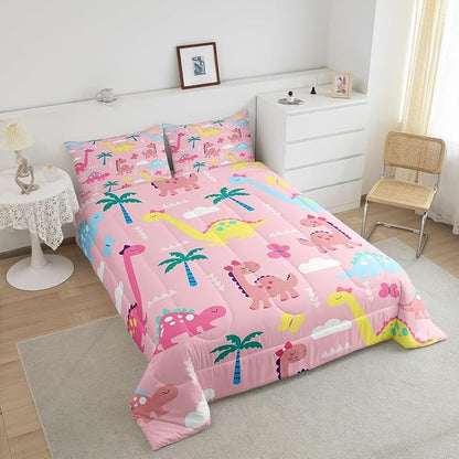 Lovely Dinosaur Bedding Sets Full Size,Cartoon Dino Kawaii Wild Animal Reversible Down Comforter Breathable Polyester Quilt Set,Colorful Cute Butterflies Pink Duvet Insert,2 Pillowcases