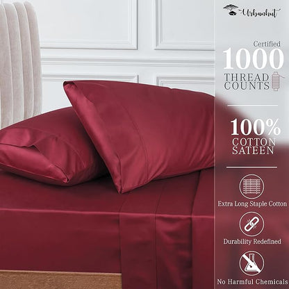 URBANHUT 1000 Thread Count King Bed Sheets Egyptian Cotton Sheet Set, Long Staple Soft & Breathable, 4 Pc Bed Sheet Sets, Luxury Hotel Sateen Sheets Fits 16" Deep Pocket - Burgundy