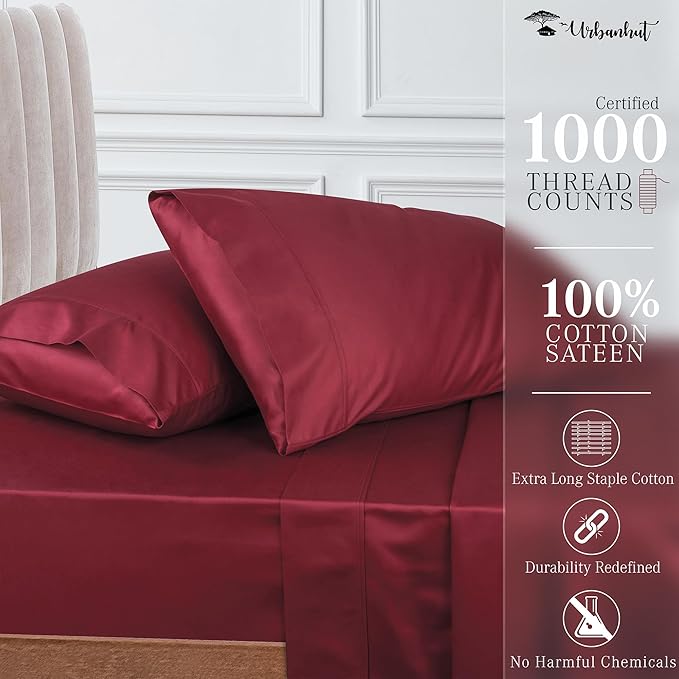 URBANHUT 1000 Thread Count Queen Bed Sheets Egyptian Cotton Sheet Set, Long Staple Soft & Breathable, 4 Pc Bed Sheet Sets, Luxury Hotel Sateen Sheets Fits 16" Deep Pocket - Burgundy